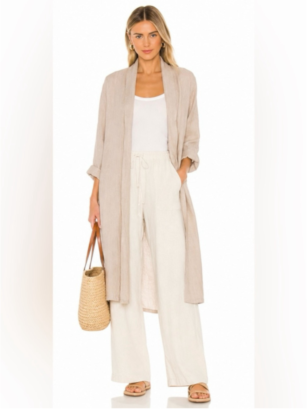 Me & Gee Italian Linen Open Front Duster Cardigan – Beige – Size L